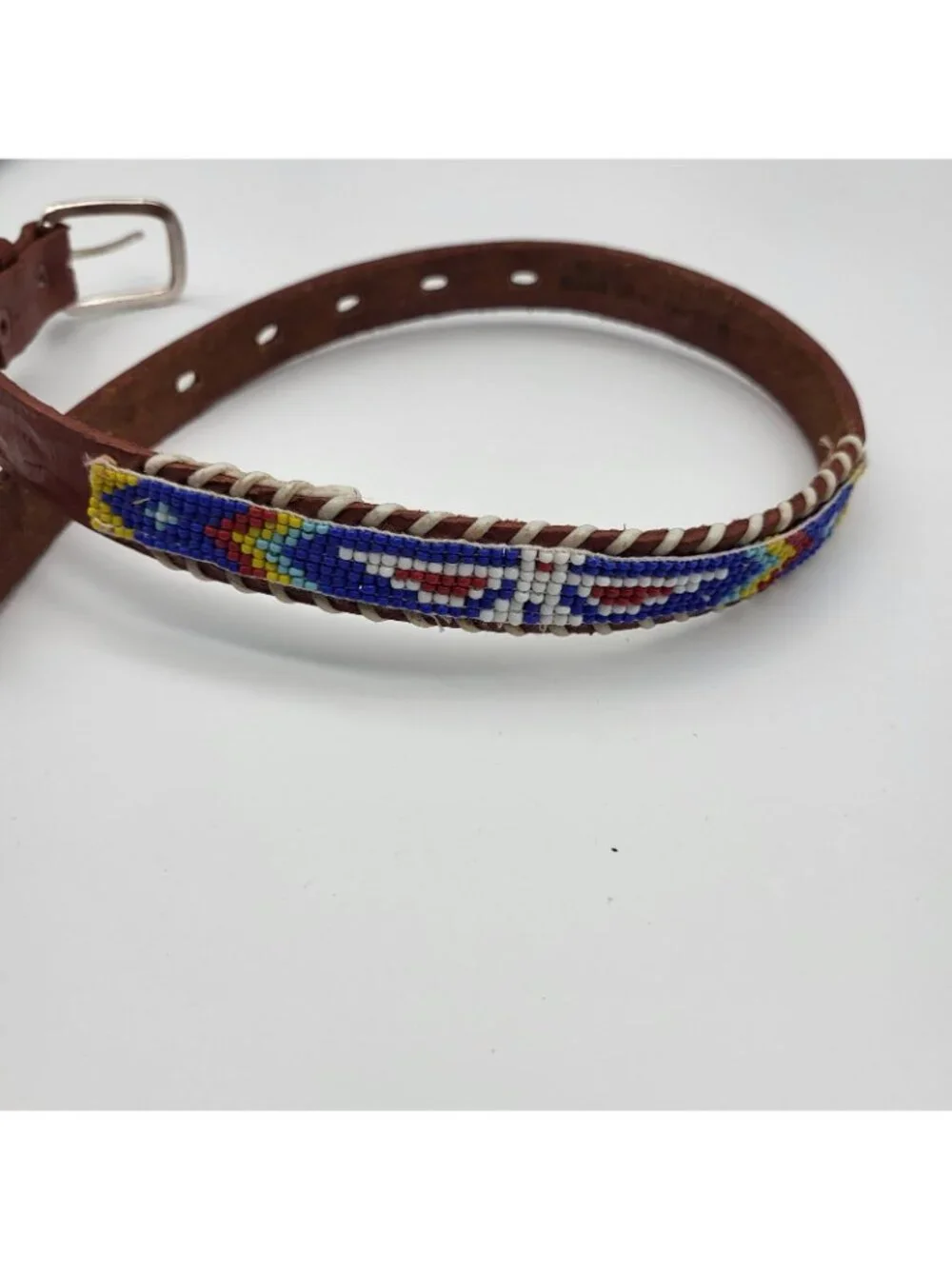 Kids Vintage Thunderbird Beaded Leather Belt sz 18 Thin Southwest Rodeo Childs